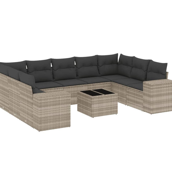 10-tlg. Garten-Sofagarnitur mit Kissen Hellgrau Poly Rattan