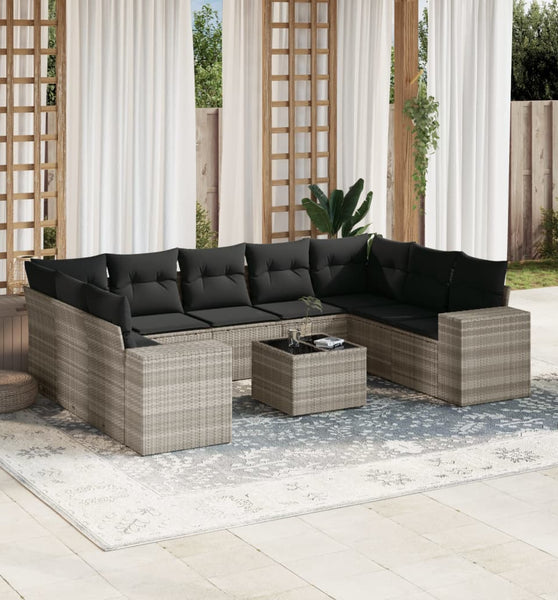 10-tlg. Garten-Sofagarnitur mit Kissen Hellgrau Poly Rattan