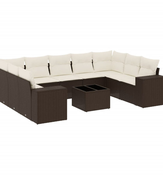 10-tlg. Garten-Sofagarnitur mit Kissen Braun Poly Rattan