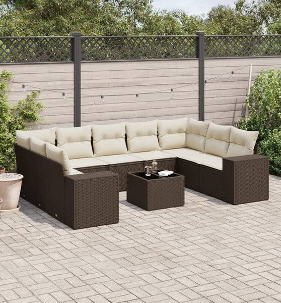 10-tlg. Garten-Sofagarnitur mit Kissen Braun Poly Rattan