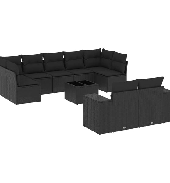10-tlg. Garten-Sofagarnitur mit Kissen Schwarz Poly Rattan