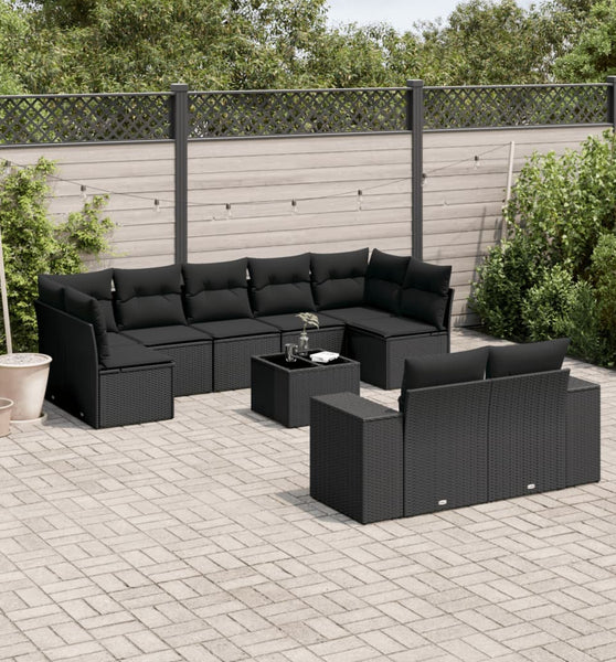 10-tlg. Garten-Sofagarnitur mit Kissen Schwarz Poly Rattan
