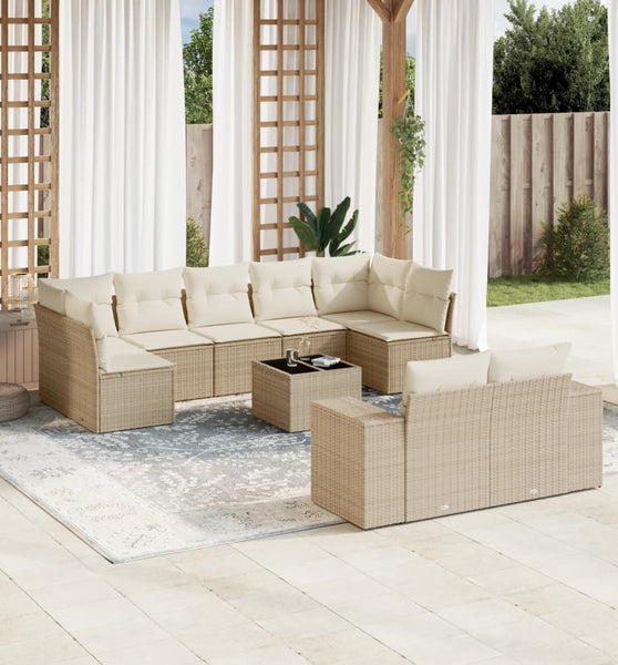10-tlg. Garten-Sofagarnitur mit Kissen Beige Poly Rattan