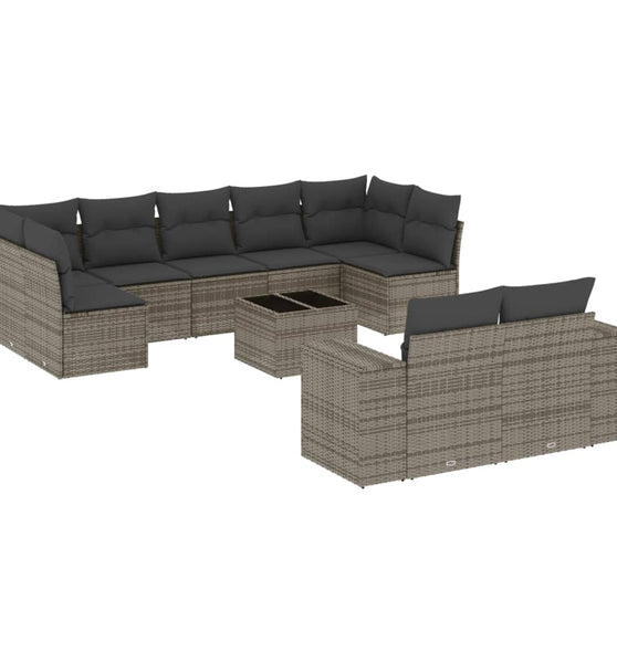 10-tlg. Garten-Sofagarnitur mit Kissen Grau Poly Rattan
