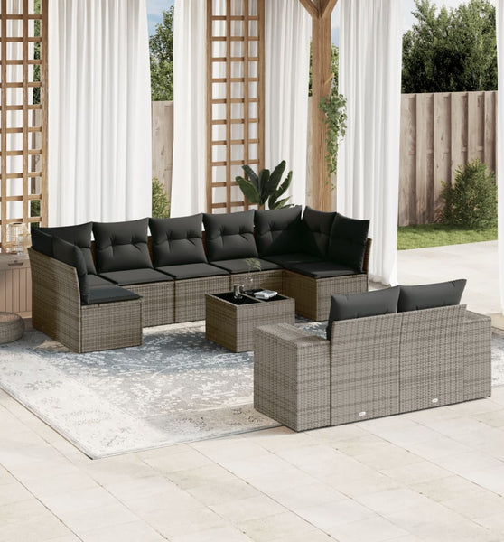 10-tlg. Garten-Sofagarnitur mit Kissen Grau Poly Rattan