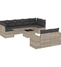 10-tlg. Garten-Sofagarnitur mit Kissen Hellgrau Poly Rattan