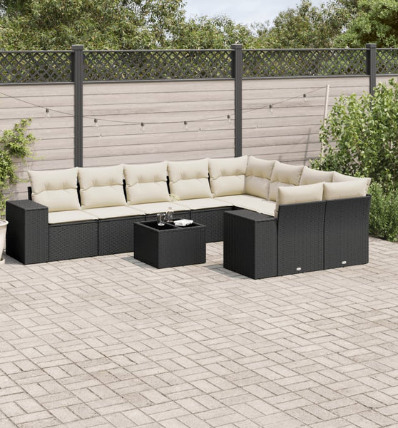 10-tlg. Garten-Sofagarnitur mit Kissen Schwarz Poly Rattan