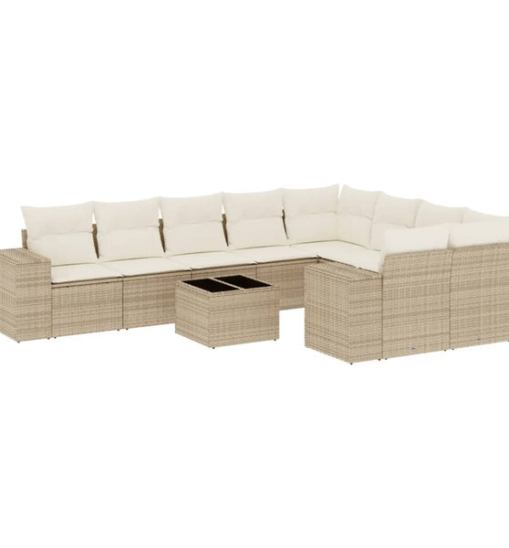 10-tlg. Garten-Sofagarnitur mit Kissen Beige Poly Rattan