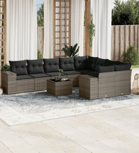 10-tlg. Garten-Sofagarnitur mit Kissen Grau Poly Rattan