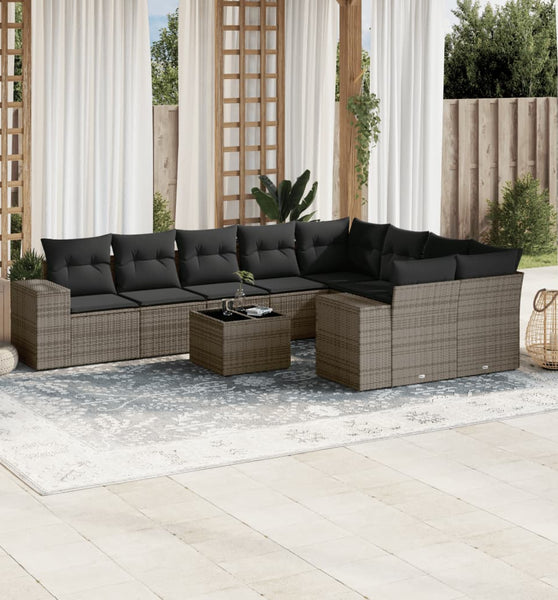 10-tlg. Garten-Sofagarnitur mit Kissen Grau Poly Rattan