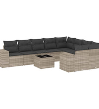 10-tlg. Garten-Sofagarnitur mit Kissen Hellgrau Poly Rattan