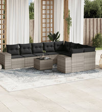 10-tlg. Garten-Sofagarnitur mit Kissen Hellgrau Poly Rattan