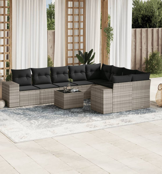 10-tlg. Garten-Sofagarnitur mit Kissen Hellgrau Poly Rattan