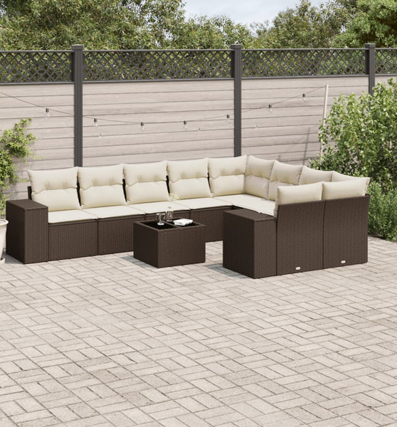 10-tlg. Garten-Sofagarnitur mit Kissen Braun Poly Rattan