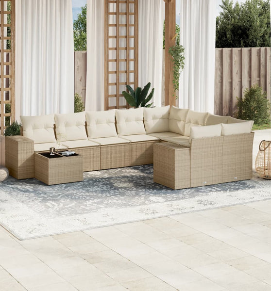 10-tlg. Garten-Sofagarnitur mit Kissen Beige Poly Rattan