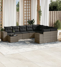 10-tlg. Garten-Sofagarnitur mit Kissen Grau Poly Rattan