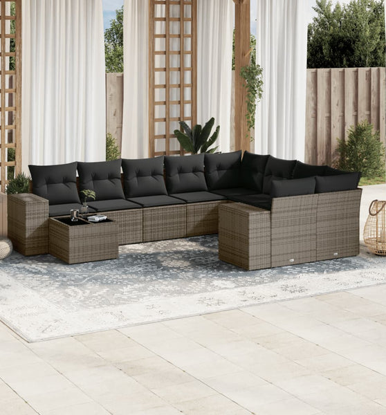 10-tlg. Garten-Sofagarnitur mit Kissen Grau Poly Rattan