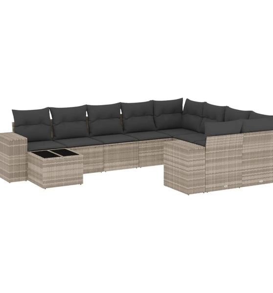10-tlg. Garten-Sofagarnitur mit Kissen Hellgrau Poly Rattan