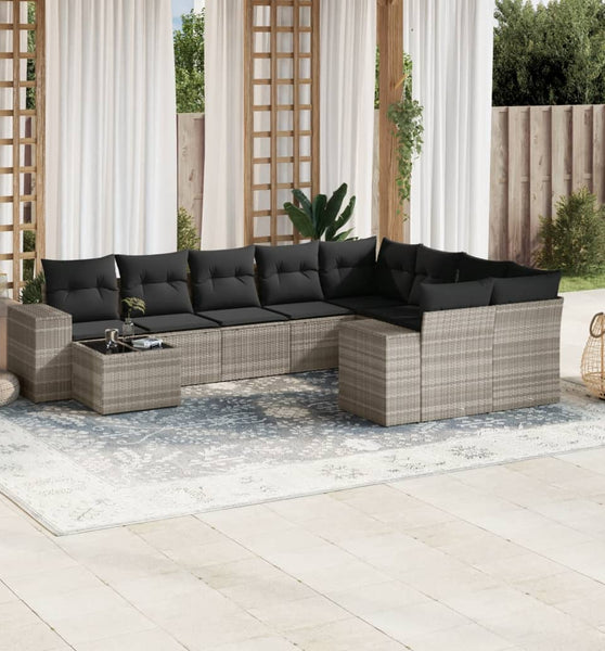 10-tlg. Garten-Sofagarnitur mit Kissen Hellgrau Poly Rattan