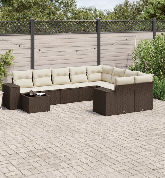 10-tlg. Garten-Sofagarnitur mit Kissen Braun Poly Rattan