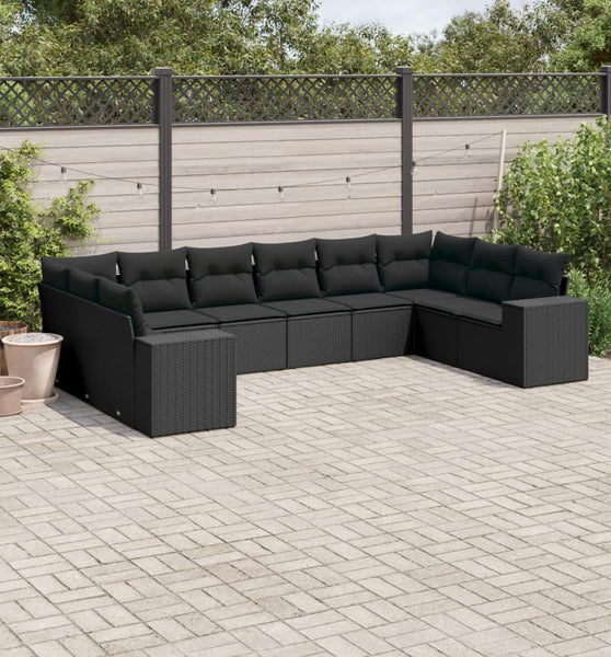 10-tlg. Garten-Sofagarnitur mit Kissen Schwarz Poly Rattan