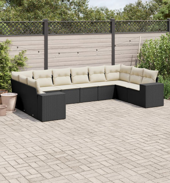 10-tlg. Garten-Sofagarnitur mit Kissen Schwarz Poly Rattan