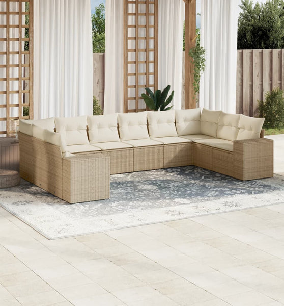 10-tlg. Garten-Sofagarnitur mit Kissen Beige Poly Rattan