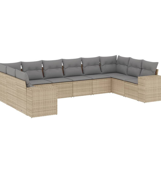 10-tlg. Garten-Sofagarnitur mit Kissen Beige Poly Rattan