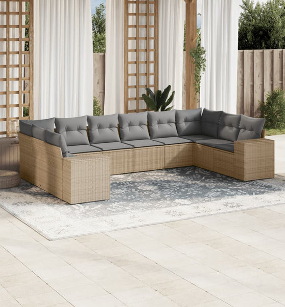 10-tlg. Garten-Sofagarnitur mit Kissen Beige Poly Rattan