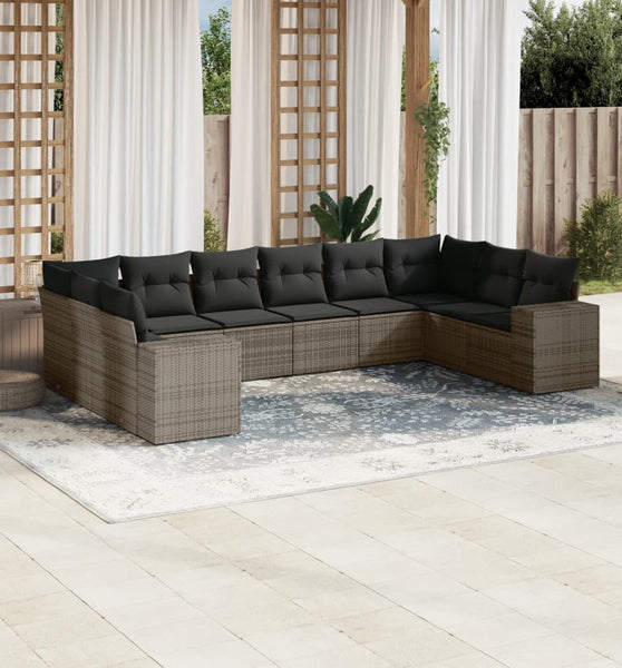 10-tlg. Garten-Sofagarnitur mit Kissen Grau Poly Rattan