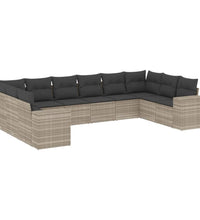 10-tlg. Garten-Sofagarnitur mit Kissen Hellgrau Poly Rattan