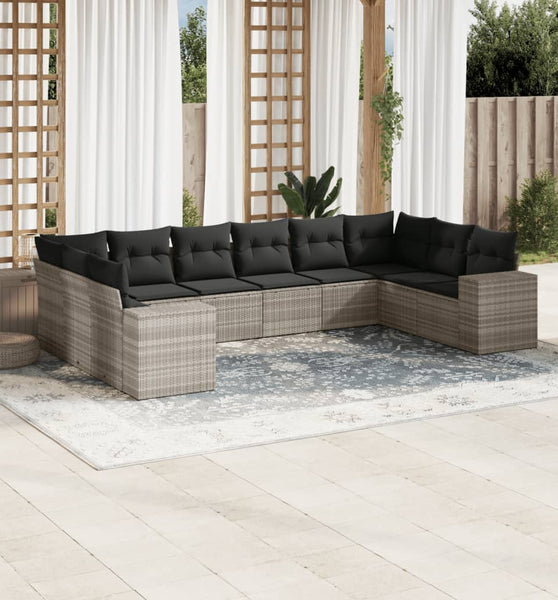 10-tlg. Garten-Sofagarnitur mit Kissen Hellgrau Poly Rattan