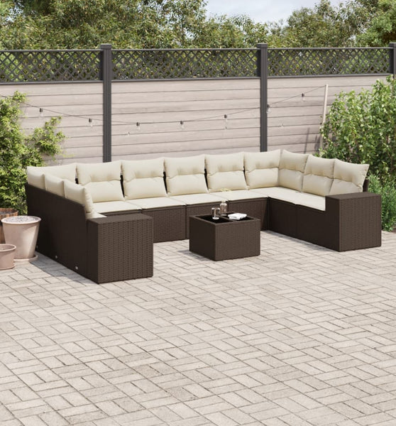 11-tlg. Garten-Sofagarnitur mit Kissen Braun Poly Rattan