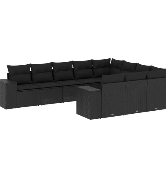 10-tlg. Garten-Sofagarnitur mit Kissen Schwarz Poly Rattan