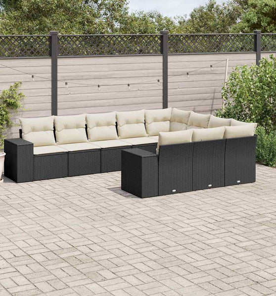 10-tlg. Garten-Sofagarnitur mit Kissen Schwarz Poly Rattan