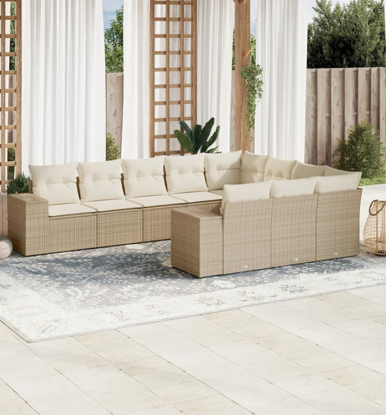 10-tlg. Garten-Sofagarnitur mit Kissen Beige Poly Rattan