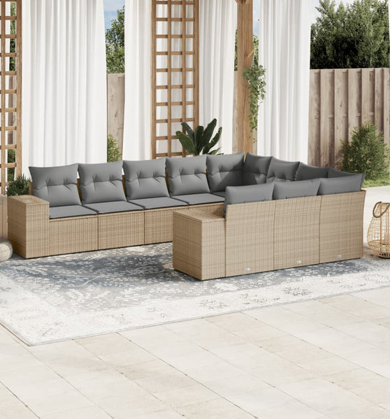 10-tlg. Garten-Sofagarnitur mit Kissen Beige Poly Rattan