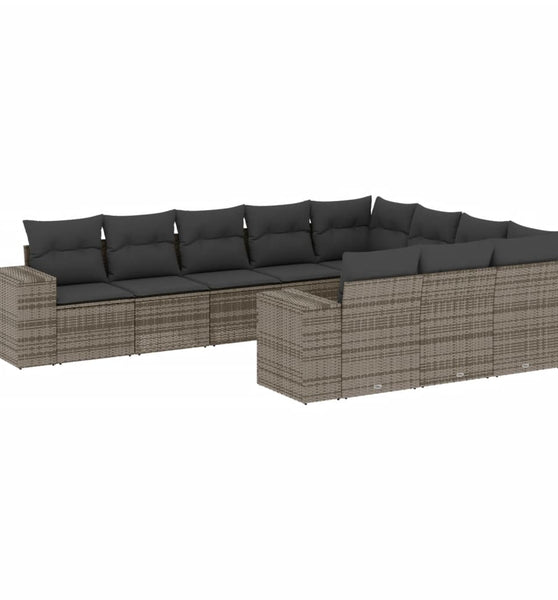 10-tlg. Garten-Sofagarnitur mit Kissen Grau Poly Rattan