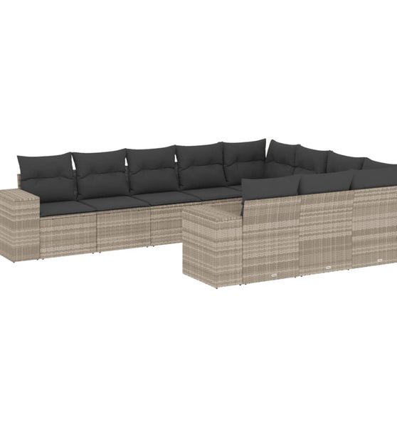 10-tlg. Garten-Sofagarnitur mit Kissen Hellgrau Poly Rattan