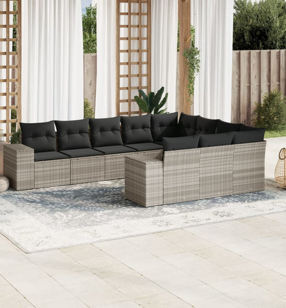 10-tlg. Garten-Sofagarnitur mit Kissen Hellgrau Poly Rattan