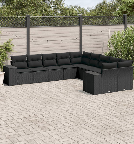 10-tlg. Garten-Sofagarnitur mit Kissen Schwarz Poly Rattan