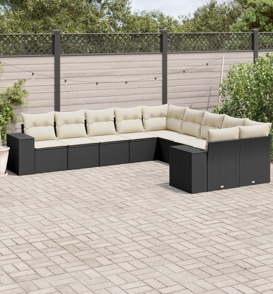 10-tlg. Garten-Sofagarnitur mit Kissen Schwarz Poly Rattan