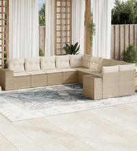 10-tlg. Garten-Sofagarnitur mit Kissen Beige Poly Rattan