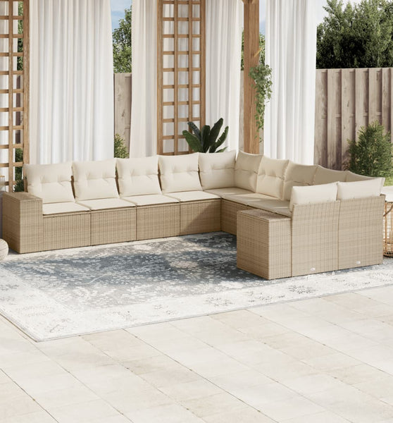 10-tlg. Garten-Sofagarnitur mit Kissen Beige Poly Rattan