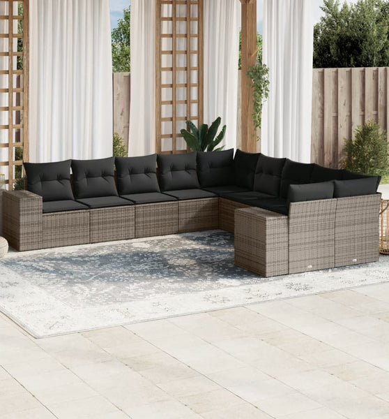 10-tlg. Garten-Sofagarnitur mit Kissen Grau Poly Rattan