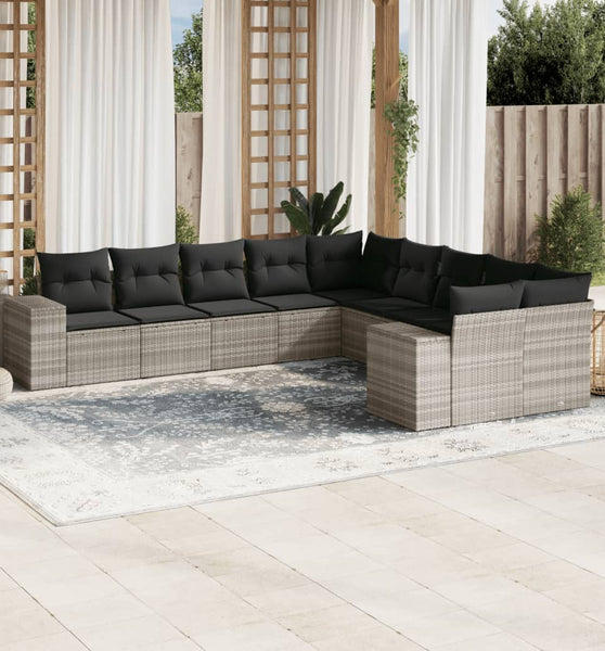 10-tlg. Garten-Sofagarnitur mit Kissen Hellgrau Poly Rattan