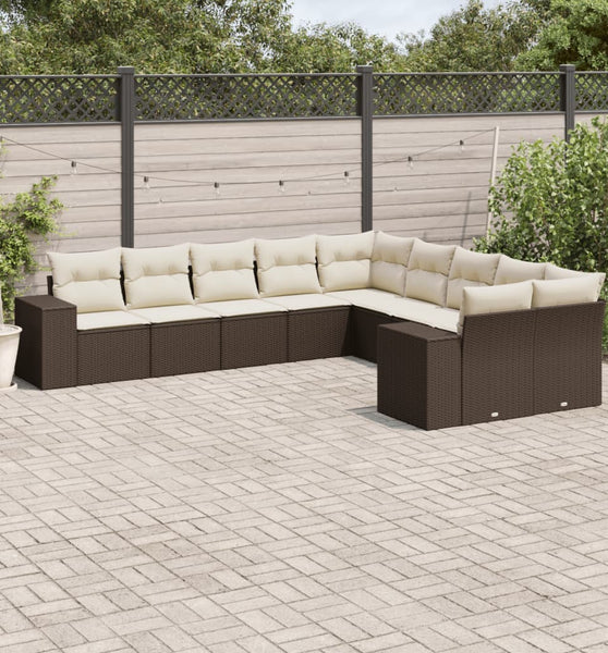10-tlg. Garten-Sofagarnitur mit Kissen Braun Poly Rattan
