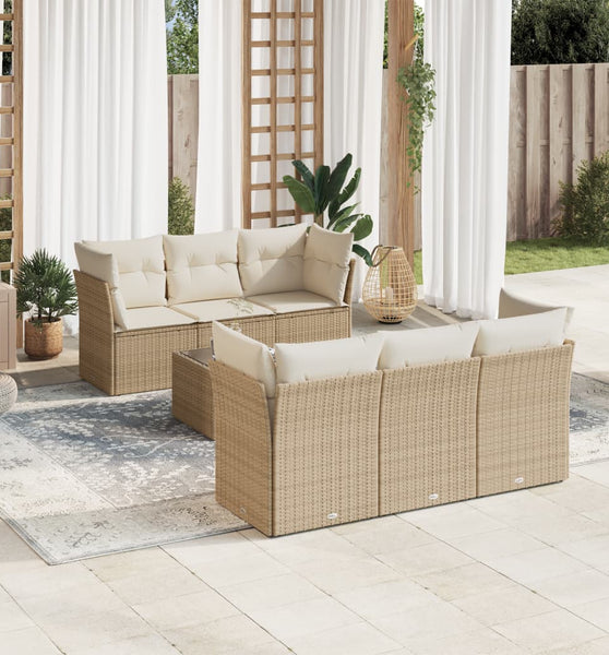7-tlg. Garten-Sofagarnitur mit Kissen Beige Poly Rattan