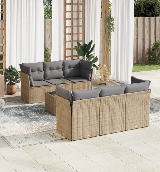 7-tlg. Garten-Sofagarnitur mit Kissen Beige Poly Rattan