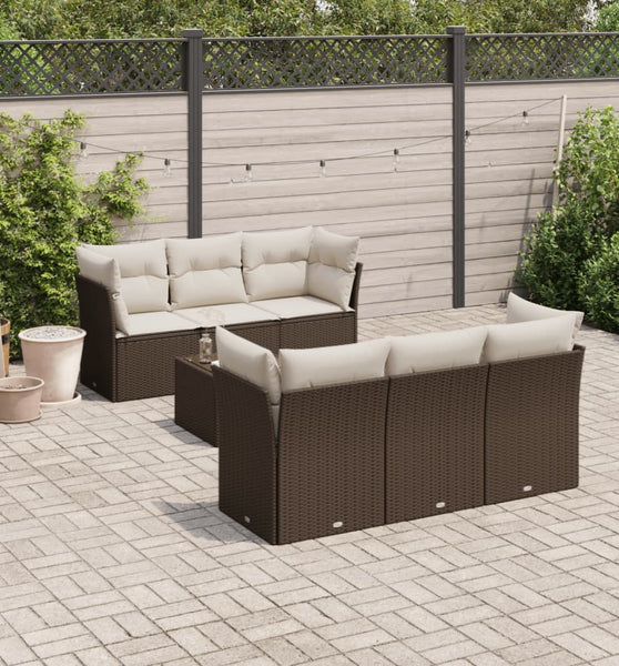 7-tlg. Garten-Sofagarnitur mit Kissen Braun Poly Rattan